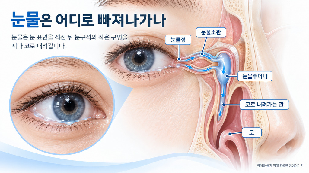 눈물이 눈물점과 눈물소관을 거쳐 코로 내려가는 길