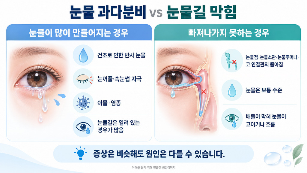 눈물이 많이 만들어지는 경우와 빠져나가지 못하는 경우 비교