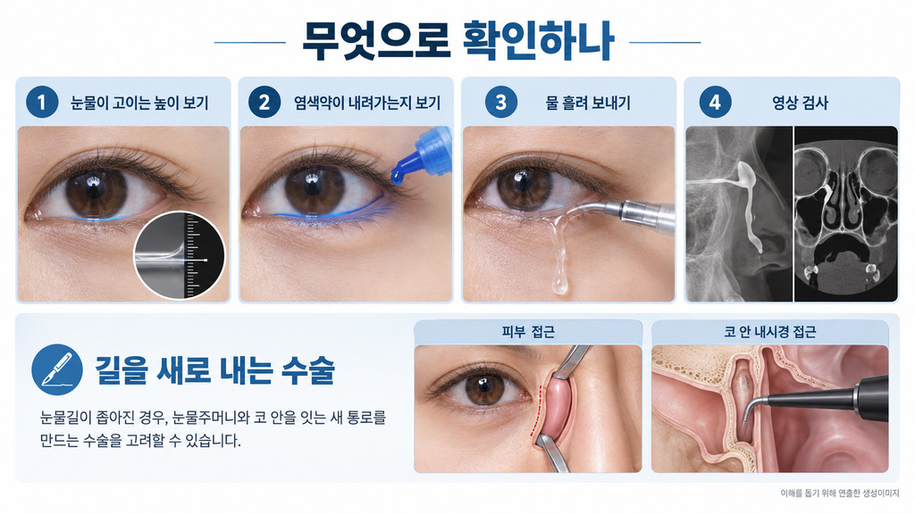 눈물길 막힘을 확인하는 검사와 새 길을 내는 수술
