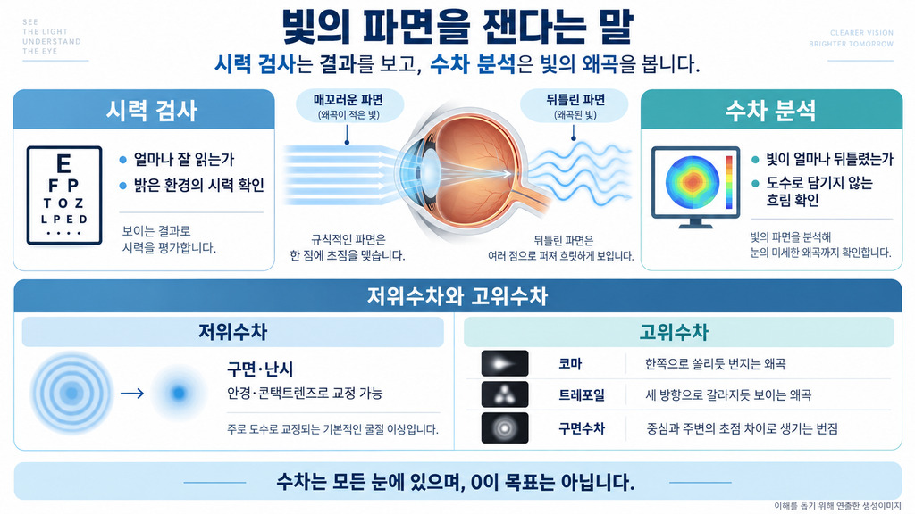 시력 검사와 수차 검사의 차이를 설명한 그림