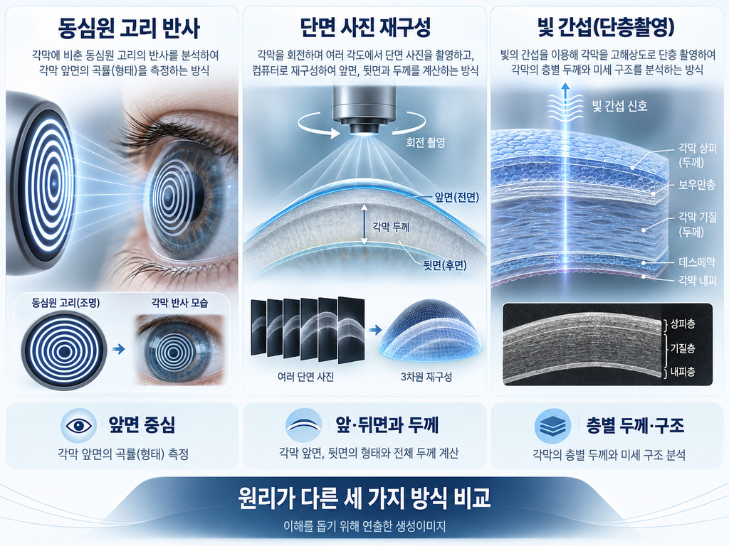 반사·투영·빛 간섭 등 원리가 다른 세 가지 각막 검사 방식