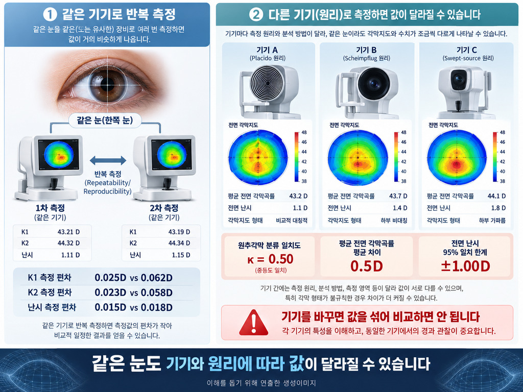같은 눈도 기기에 따라 각막 측정값이 달라지는 예시