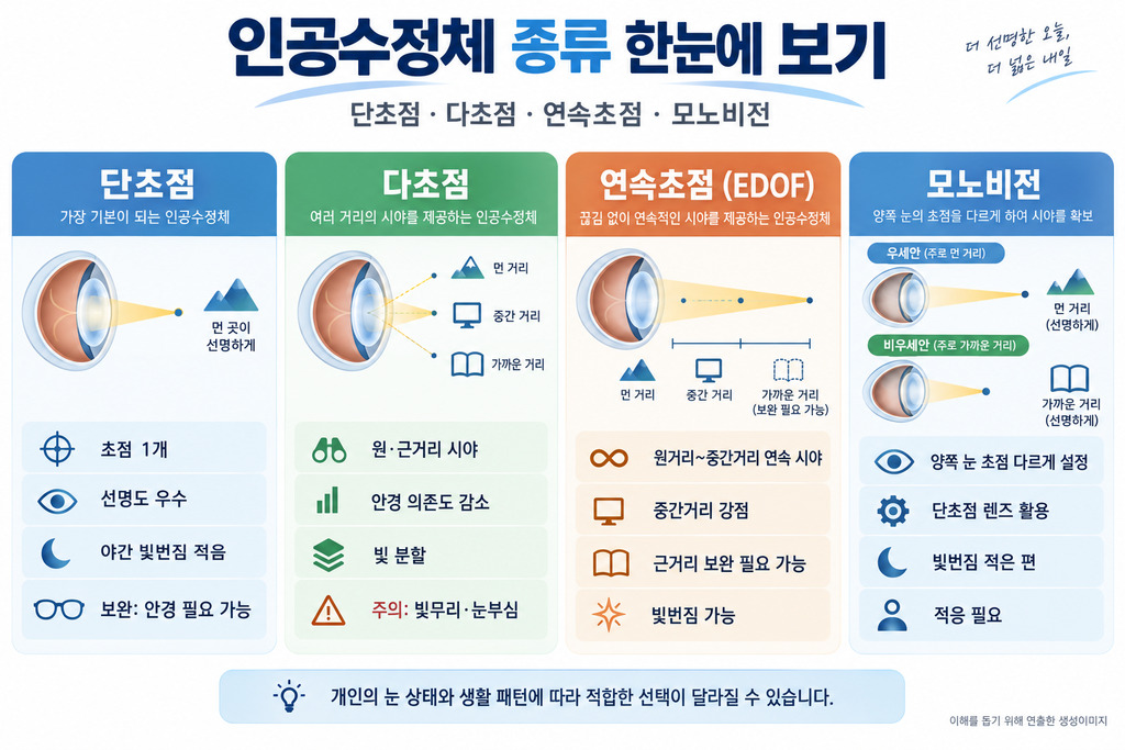 단초점·다초점·연속초점(EDOF)·모노비전 인공수정체 비교