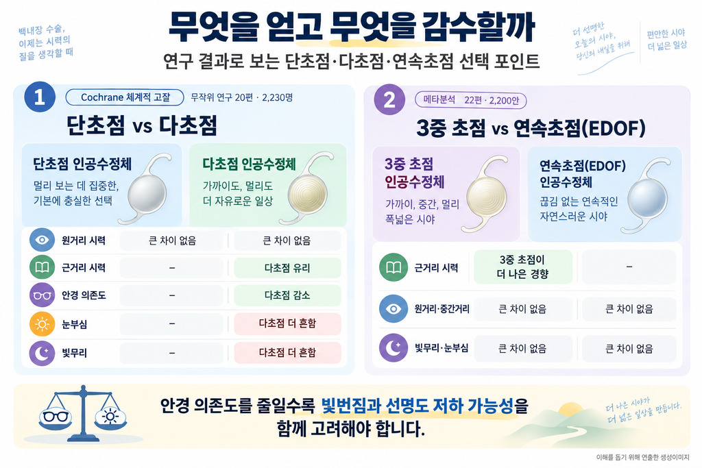 단초점과 다초점, 3중 초점과 EDOF 렌즈의 장단점 비교