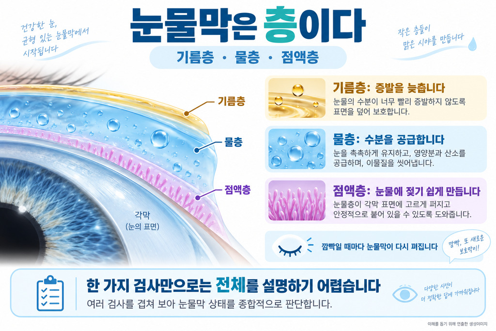 기름층·물층·점액층으로 이루어진 눈물막 구조