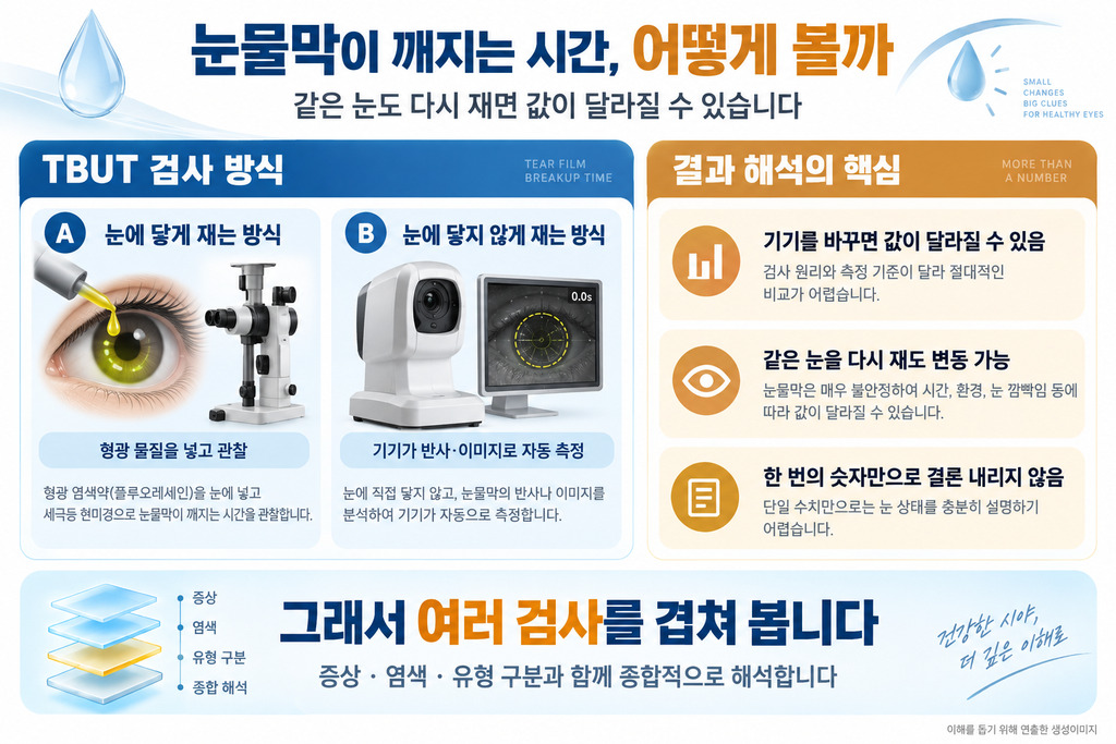 눈물막이 깨지는 시간(TBUT) 검사 방식과 결과 해석