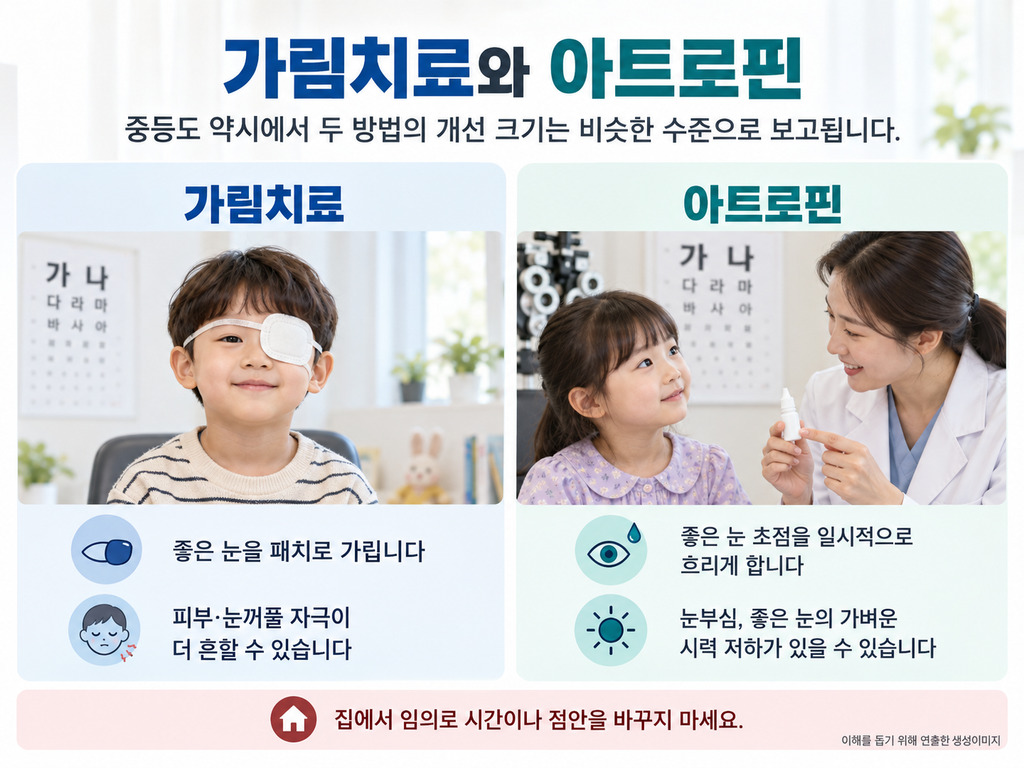 중등도 약시에서 가림치료와 점안 치료를 비교한 그림