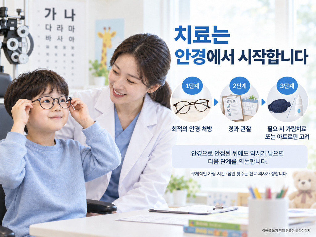 소아 약시 치료가 안경에서 시작해 단계적으로 진행되는 과정