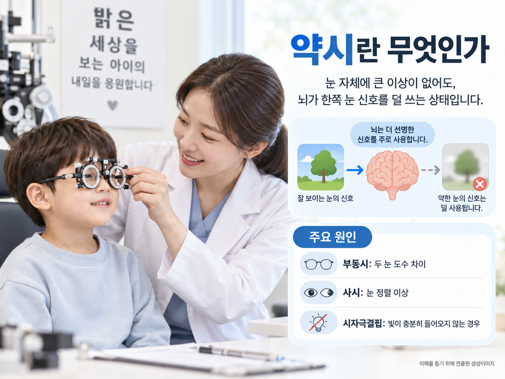약시의 개념과 원인을 설명하는 소아 안과 진료 장면