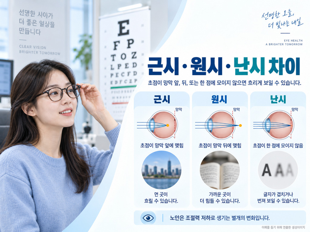 근시·원시·난시에서 초점이 맺히는 위치 차이