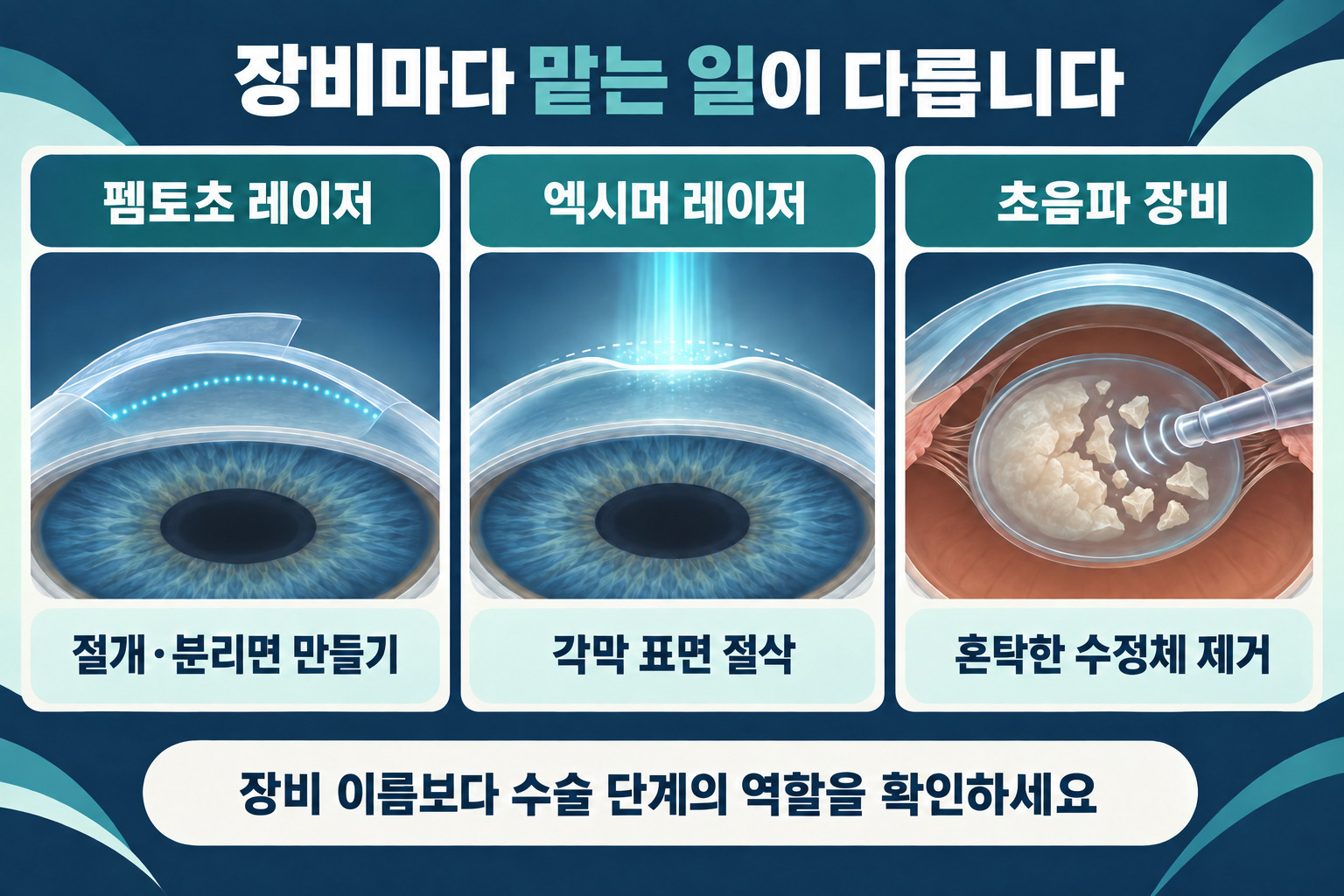펨토초 레이저, 엑시머 레이저, 초음파 장비의 역할을 비교한 교육용 도식