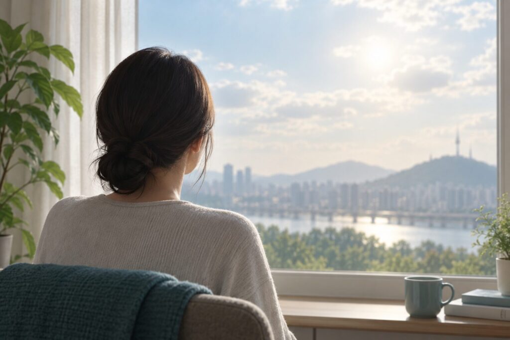 창가에 앉아 밝은 창밖 풍경을 바라보는 여성의 뒷모습