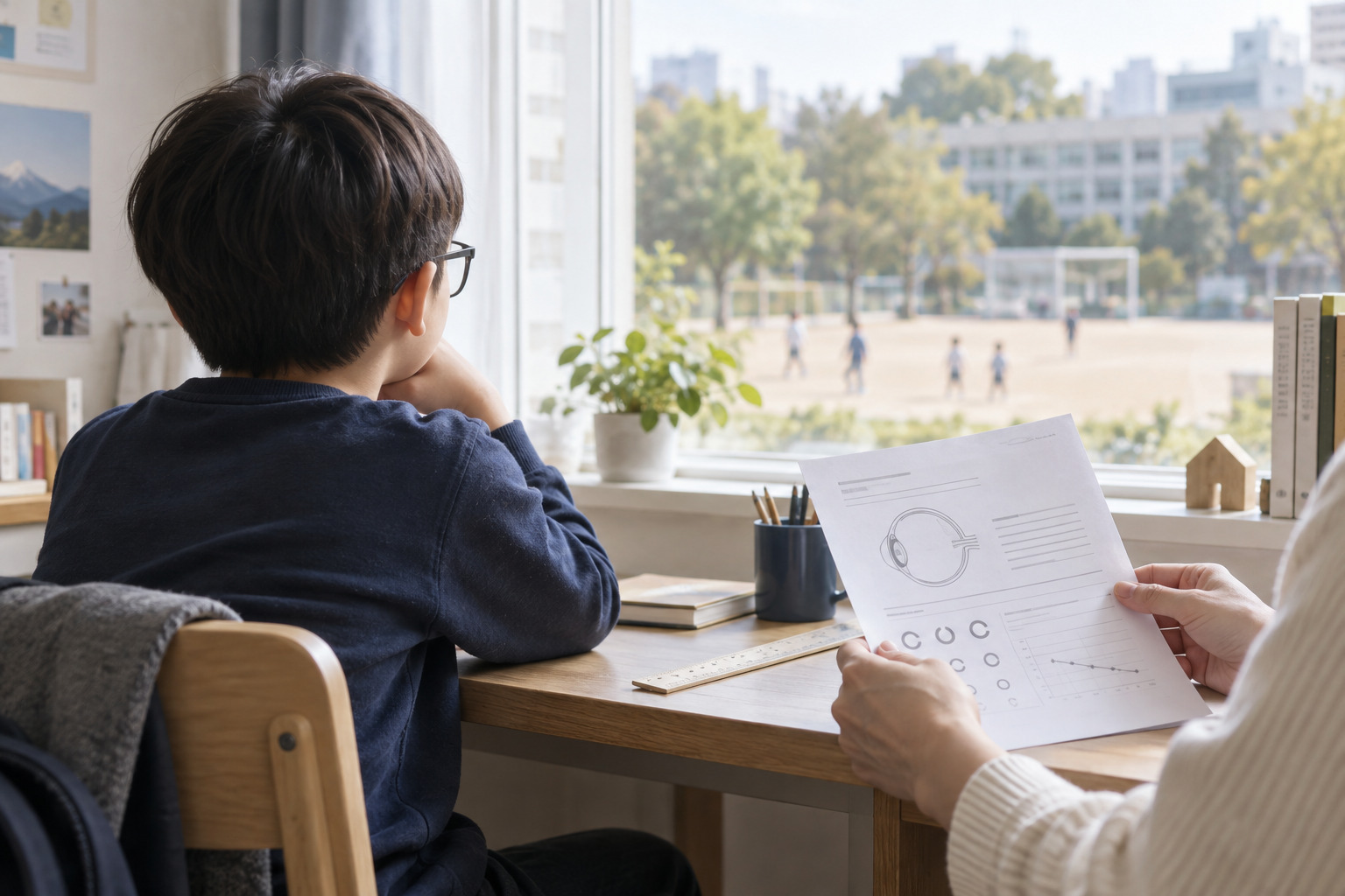 창밖 학교 운동장을 바라보는 비식별 아동과 일반적인 눈 검사 자료를 살펴보는 보호자의 손