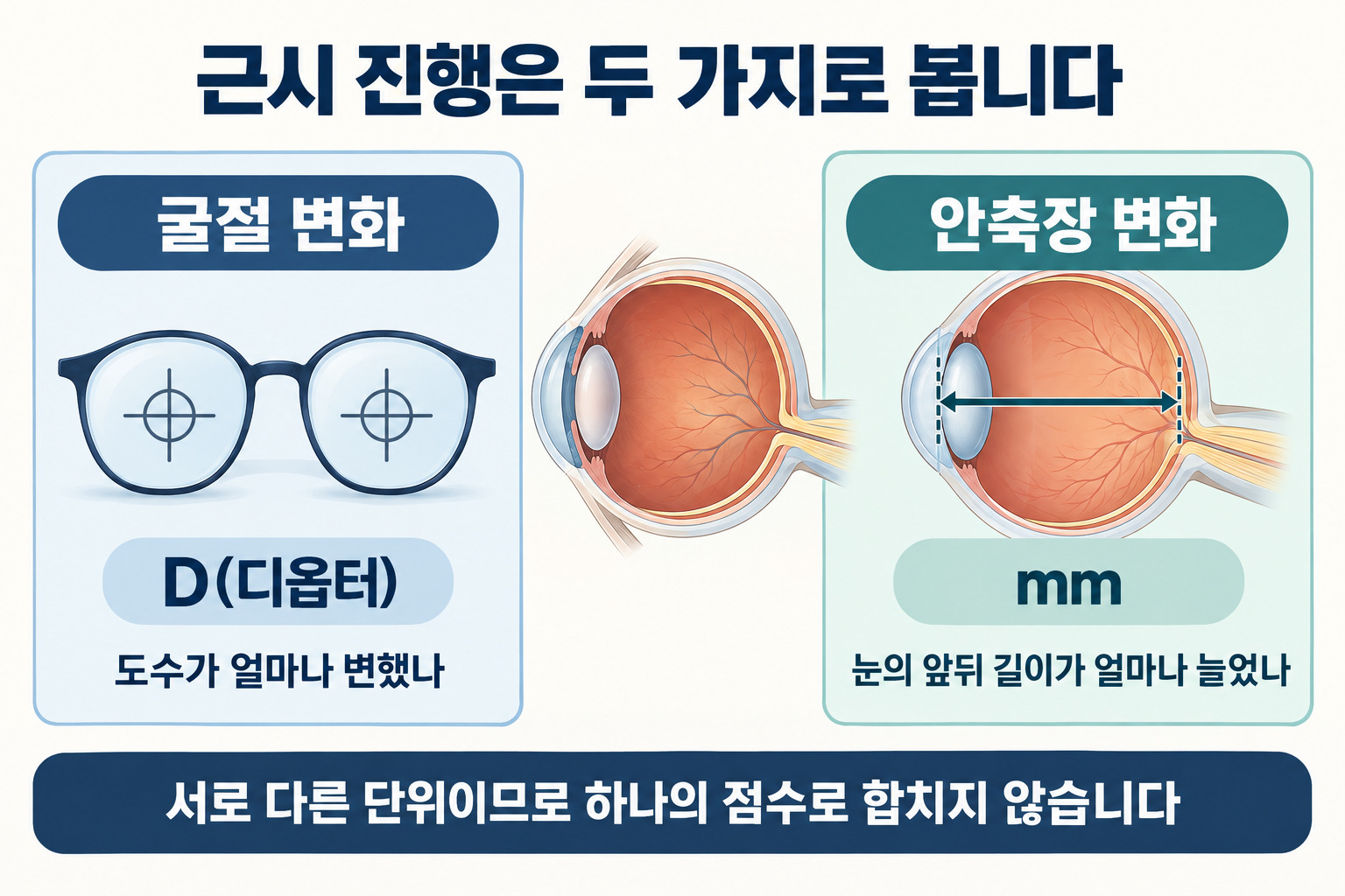 소아 근시 연구에서 굴절 변화는 디옵터로, 안축장 변화는 밀리미터로 따로 측정한다는 도해