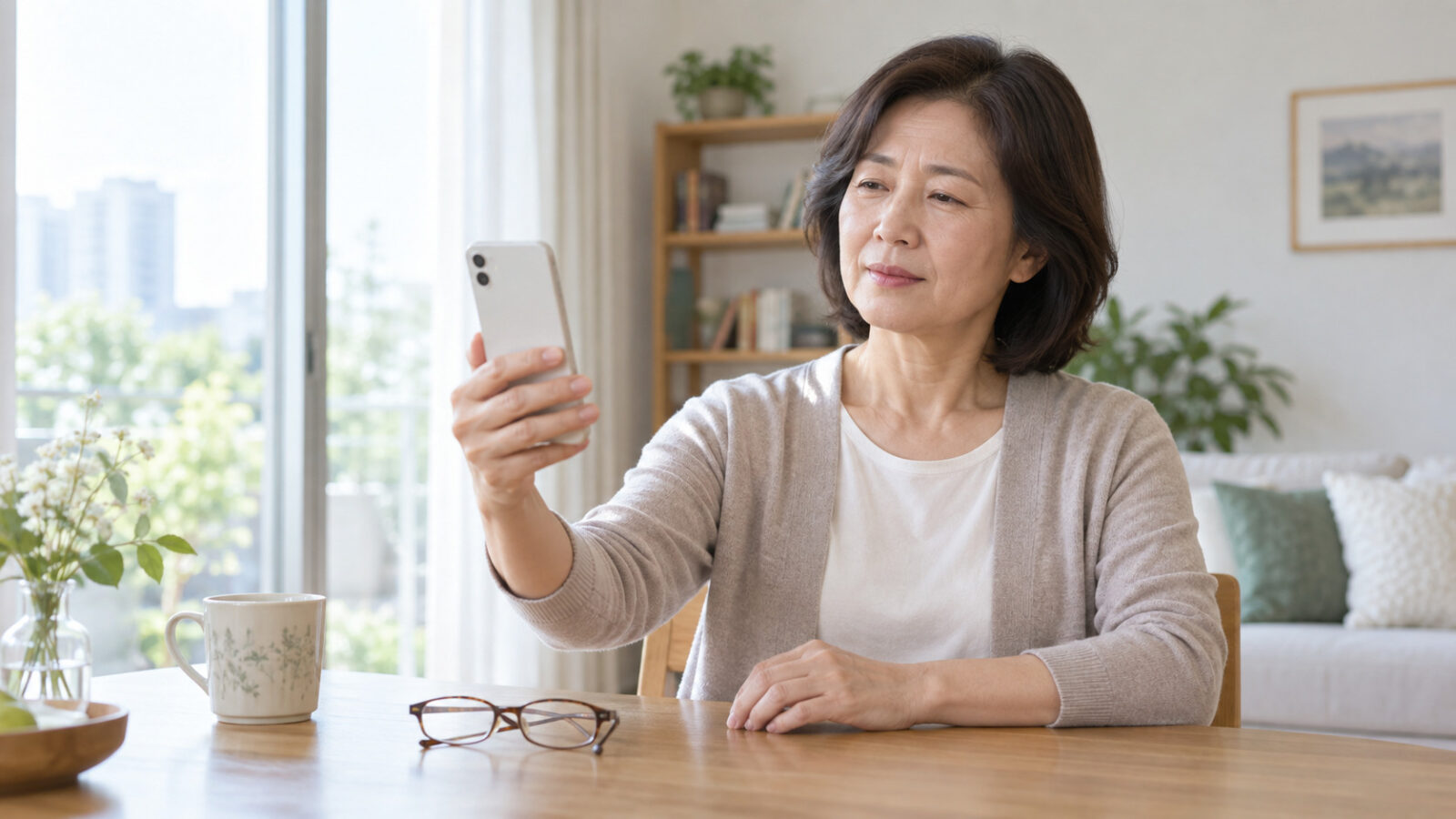밝은 집에서 50대 여성이 스마트폰 글자를 보기 위해 화면을 조금 멀리 들고 있다.