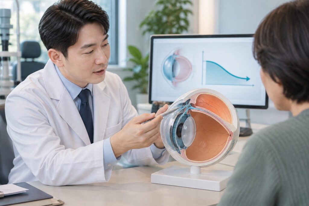 의사가 눈 모형과 안압 그래프 화면을 보며 설명하는 상담 장면