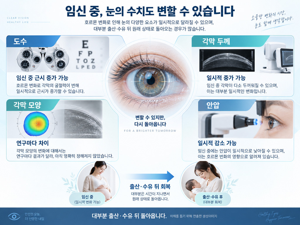 임신 중 도수·각막 두께·각막 모양·안압 변화를 정리한 인포그래픽