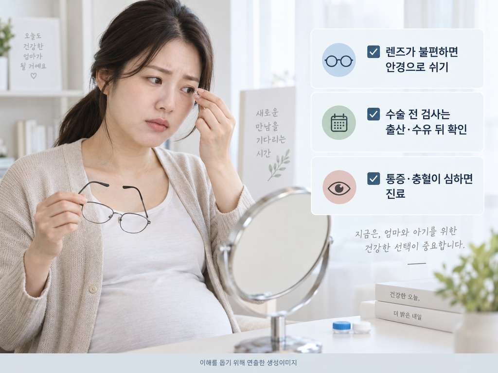 콘택트렌즈가 불편해진 임신부가 거울 앞에서 안경을 드는 모습