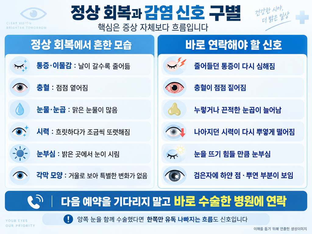 정상 회복 모습과 감염이 의심되는 신호를 구별한 표