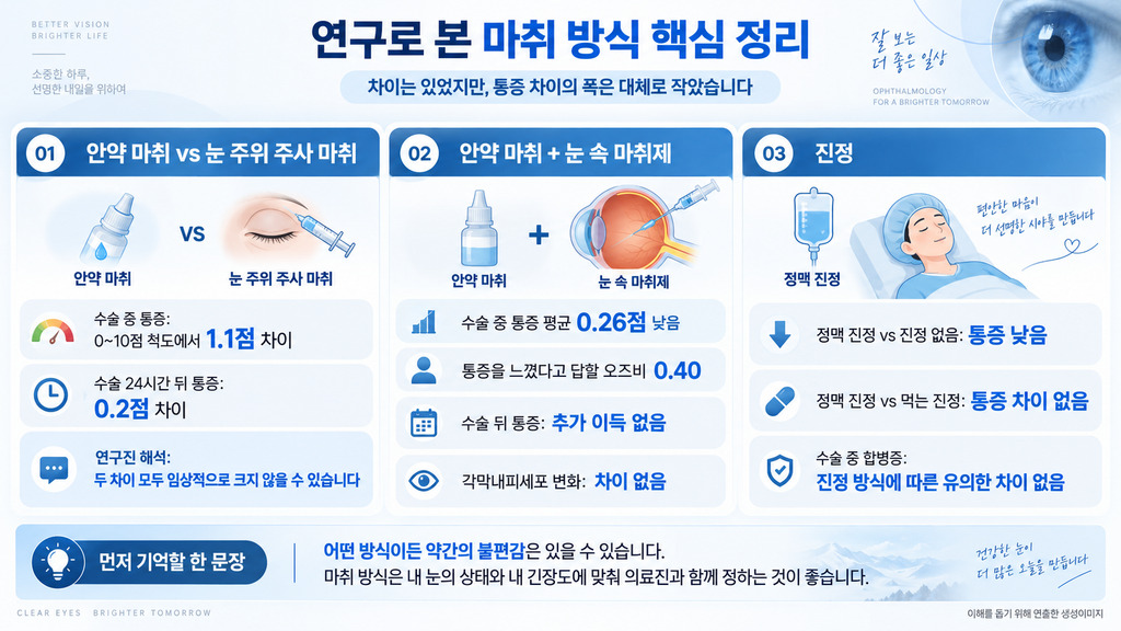 안약 마취와 눈 주위 주사 마취의 통증·합병증 비교 요약