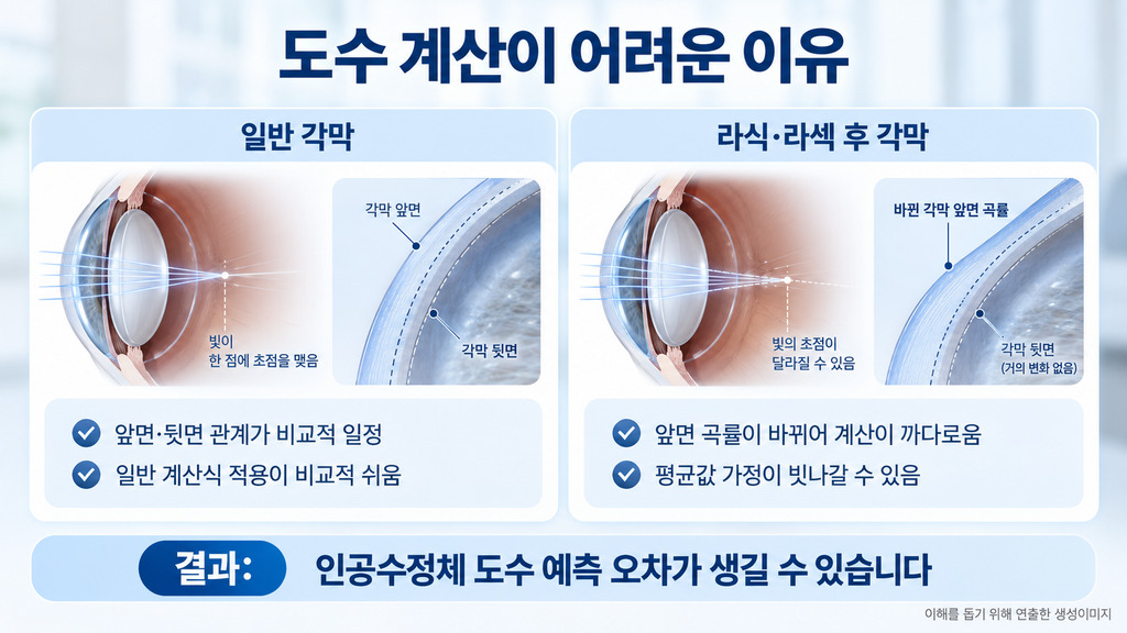 일반 각막과 라식·라섹 후 각막의 렌즈 도수 계산 차이
