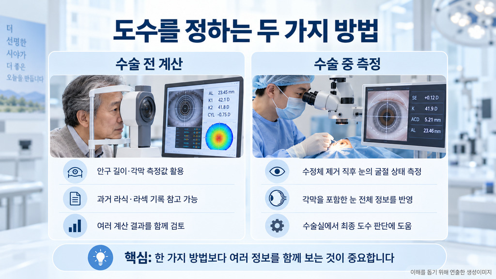 수술 전 계산과 수술 중 측정으로 렌즈 도수를 정하는 두 가지 방법