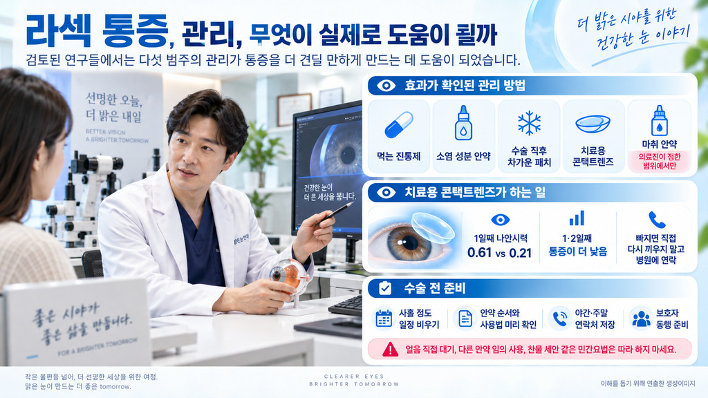 라섹 통증에 효과가 확인된 관리 방법을 설명하는 진료 장면