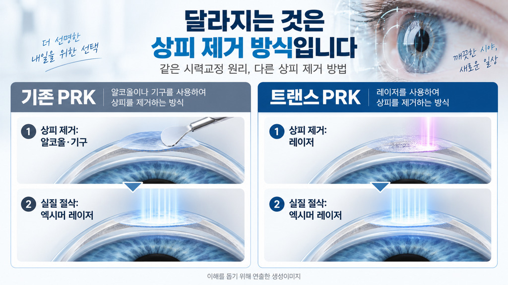 기존 PRK와 트랜스PRK의 상피 제거 방식 비교