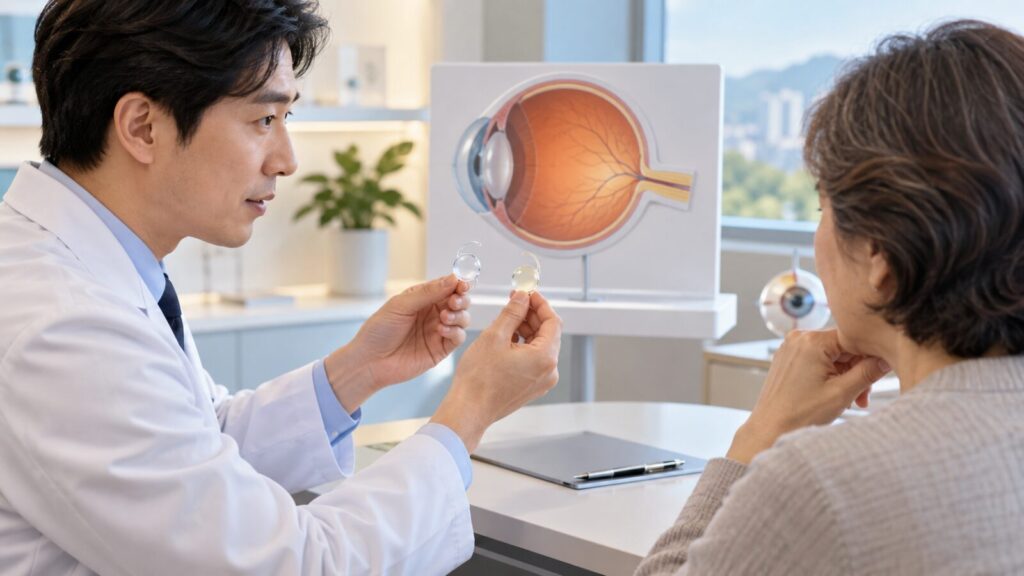 의사가 눈 단면 그림을 보여 주며 중년 여성에게 렌즈를 설명하는 상담 장면