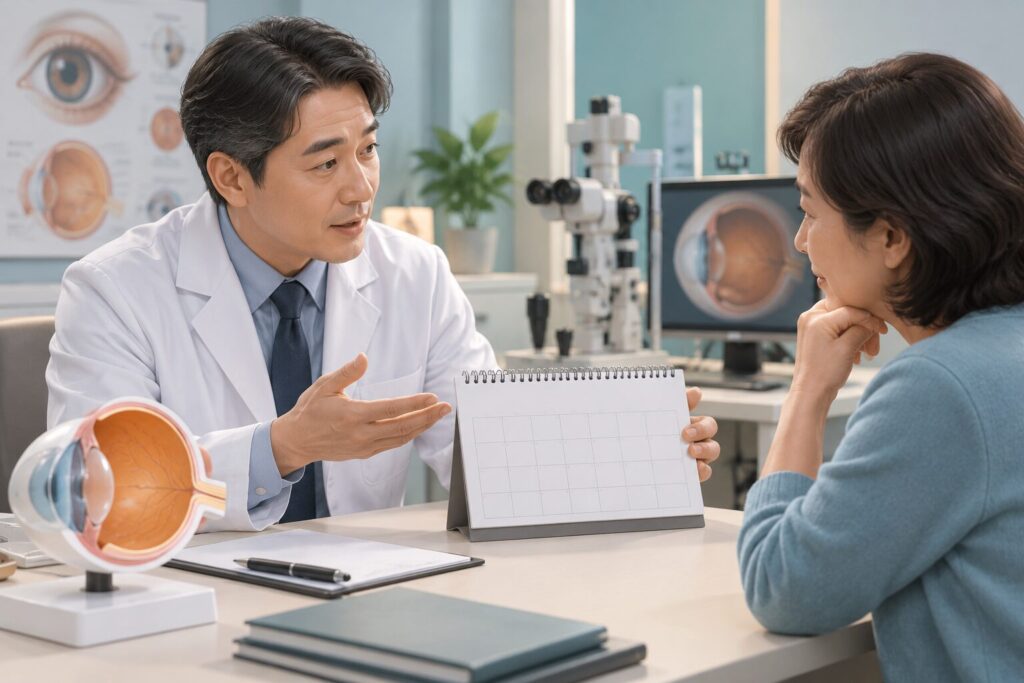 의사가 달력과 눈 모형을 두고 중년 여성과 수술 일정을 상담하는 장면