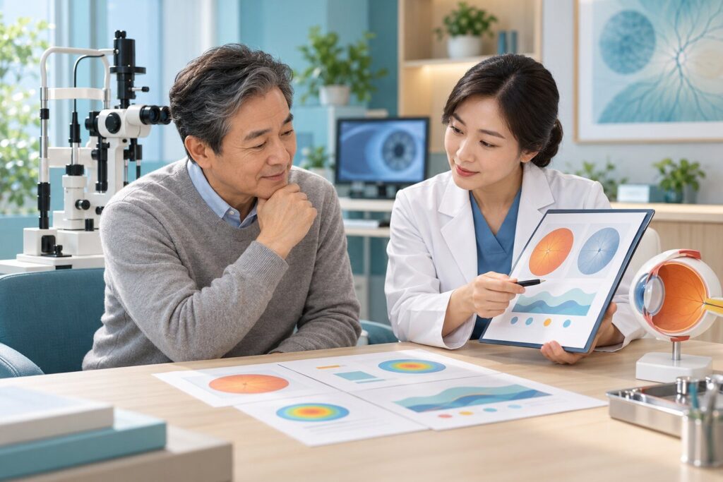 녹내장과 백내장 진료 후 검사 기록을 설명받는 환자