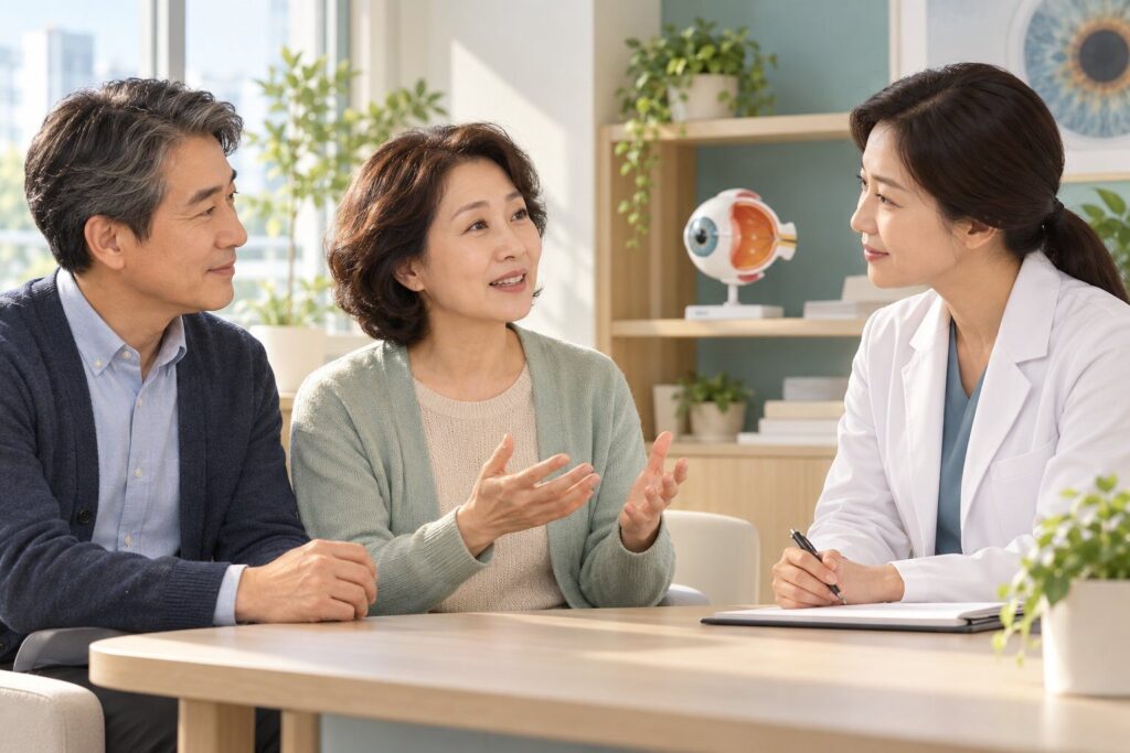 환자와 동반자가 의료진의 설명을 함께 듣는 상담