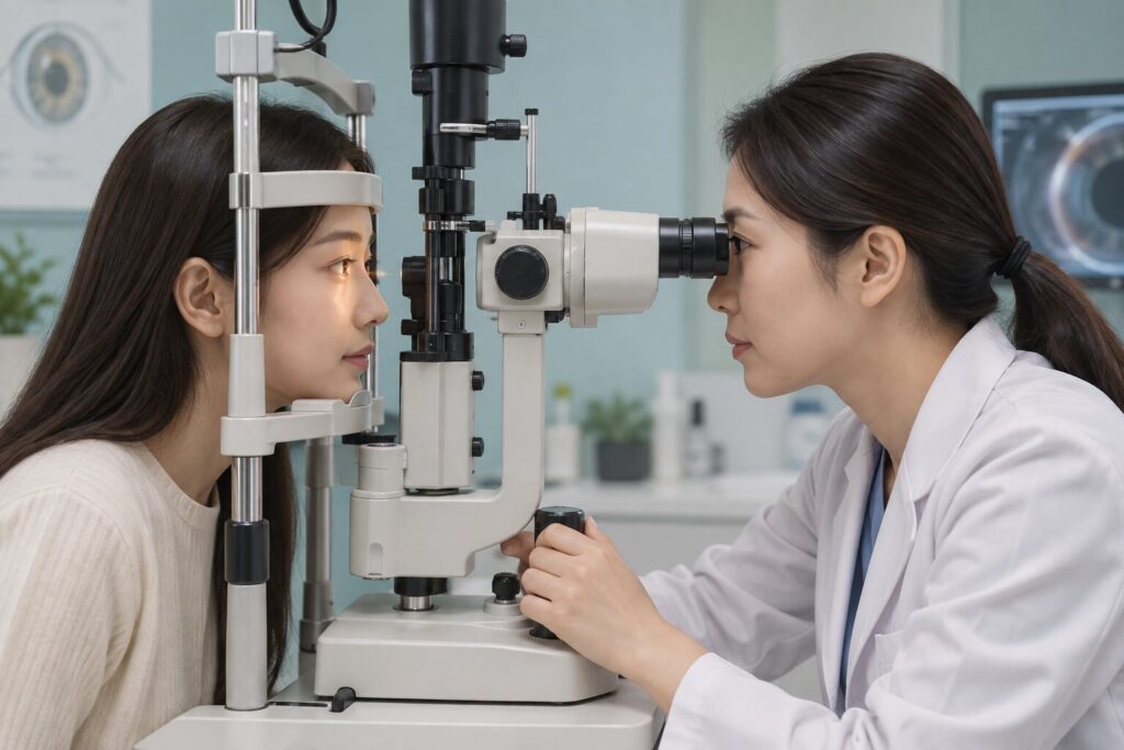 의사가 세극등 현미경으로 여성 환자의 눈을 살펴보는 장면