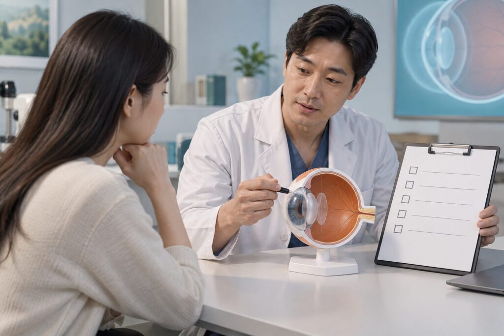 의사가 눈 모형과 안내문을 두고 여성 환자와 상담하는 장면