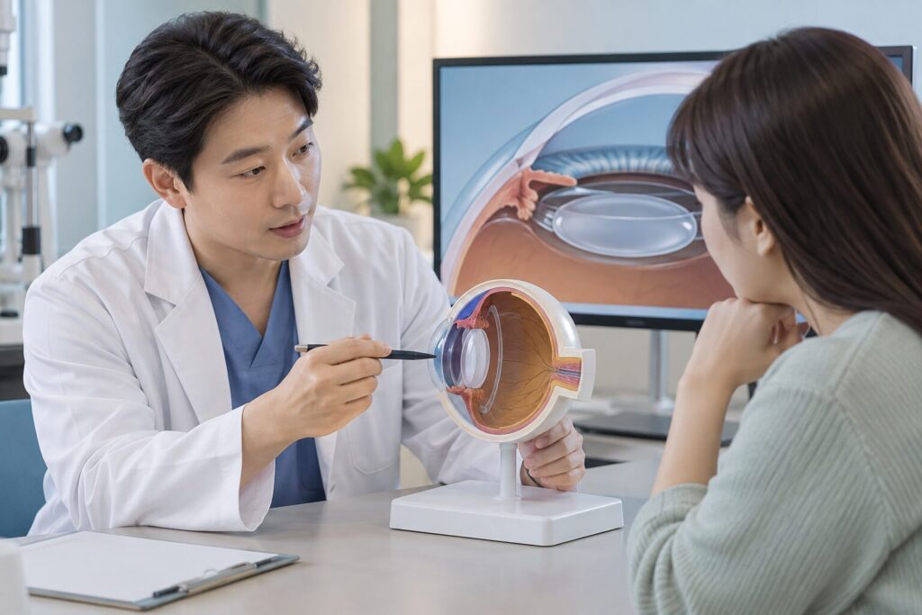 의사가 눈 모형을 들고 앞눈 단면 화면을 보며 여성과 상담하는 장면