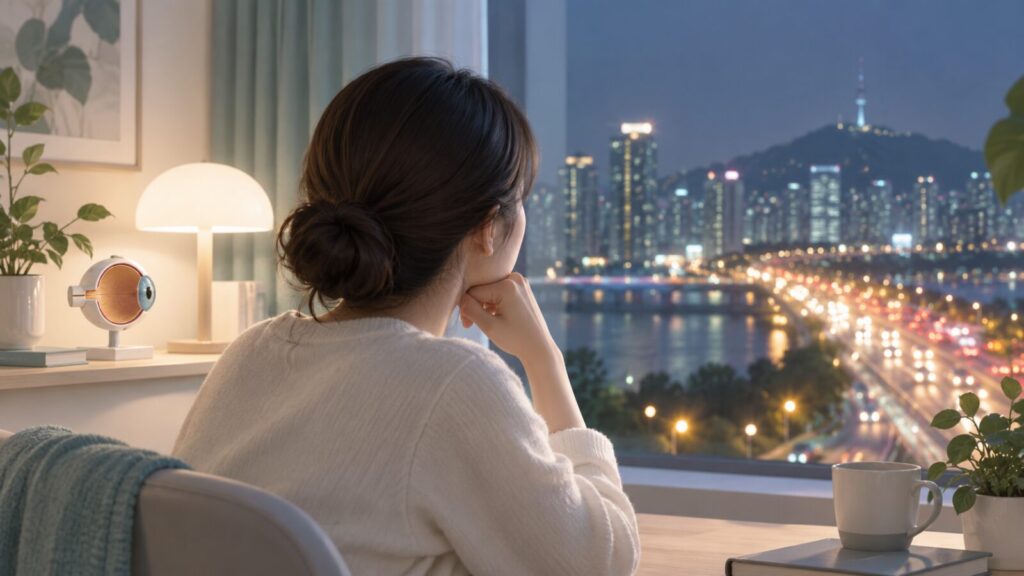 밤 도시 불빛을 바라보는 여성의 뒷모습