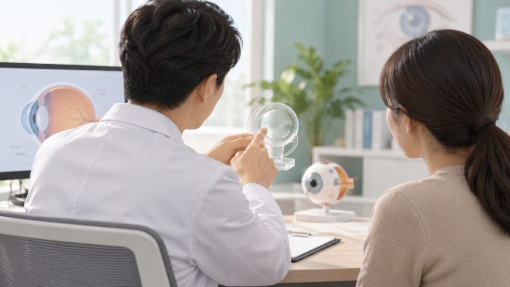 의사가 렌즈를 들고 여성 환자에게 설명하는 상담 장면