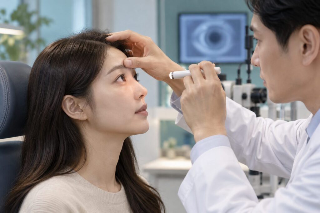 의사가 작은 불빛으로 여성 환자의 눈을 살펴보는 진찰 장면