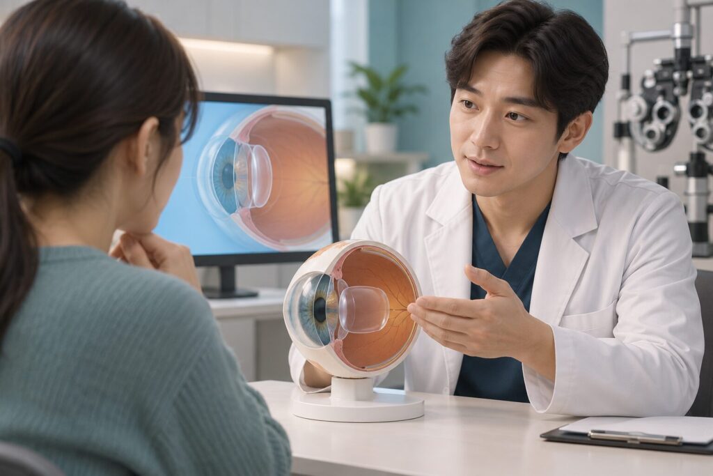 의사가 눈 모형을 들고 환자에게 렌즈 위치를 설명하는 상담 장면