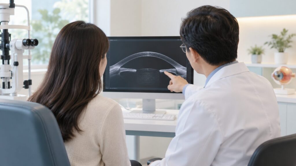 의사가 앞눈 단면 영상을 가리키며 여성 환자에게 설명하는 상담 장면
