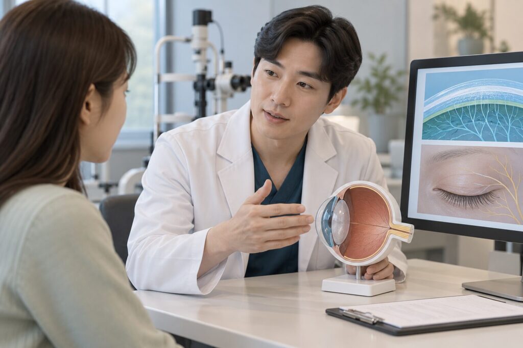 의사가 눈 모형을 들고 눈 표면 사진 화면을 보며 여성과 상담하는 장면