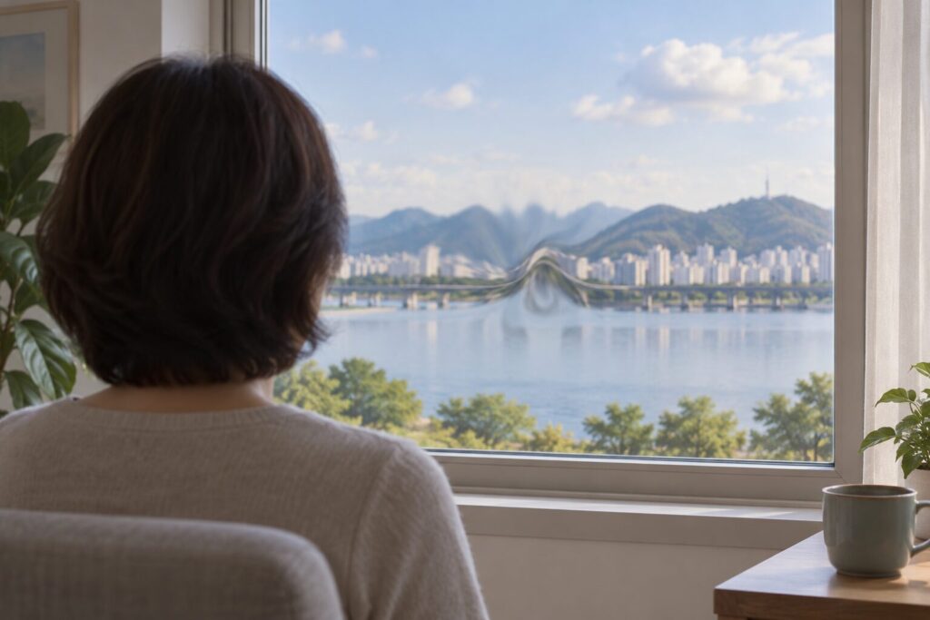 창가에 앉아 창밖 풍경을 바라보는 사람의 뒷모습