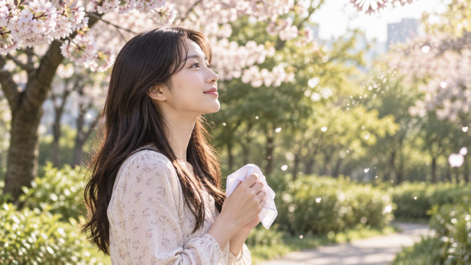 꽃이 핀 봄날 공원에서 손수건을 든 20대