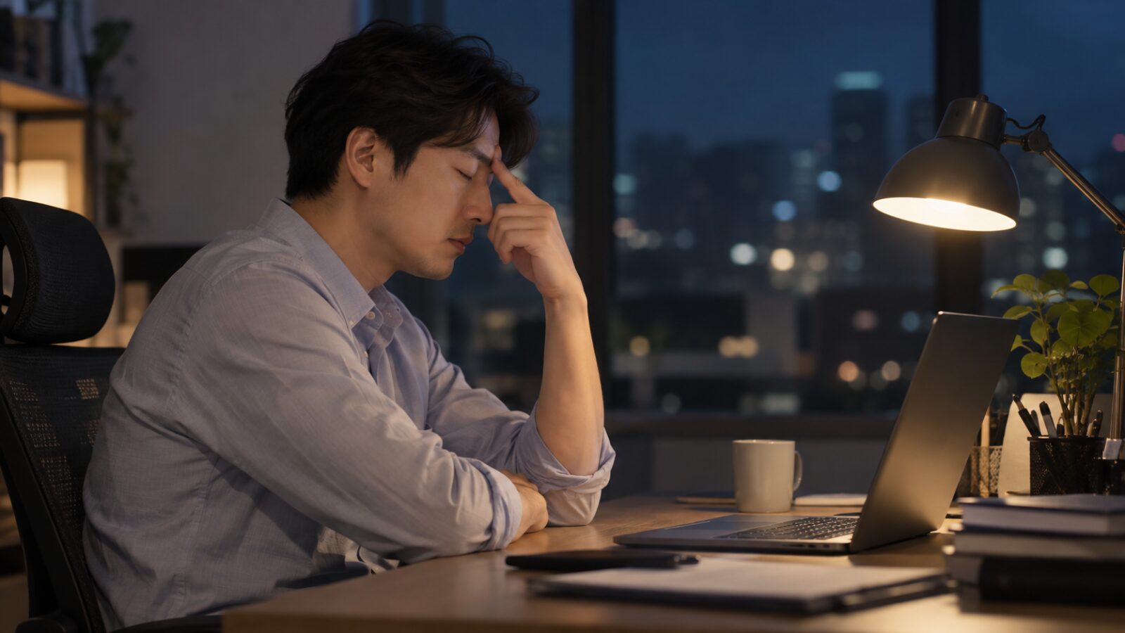 늦은 밤 사무실에서 눈을 감고 쉬는 30~40대 남성