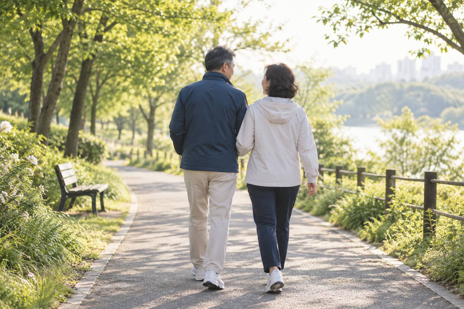 아침 공원 길을 함께 걷는 중년 부부의 뒷모습