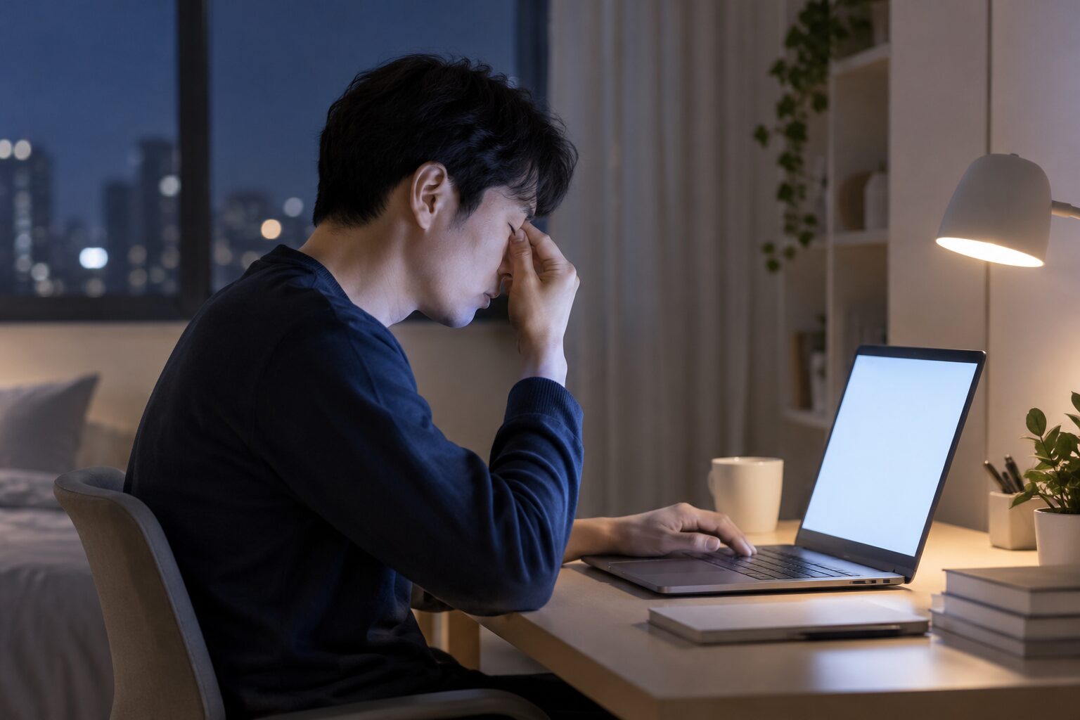 밤에 노트북 앞에서 눈가를 누르는 사람