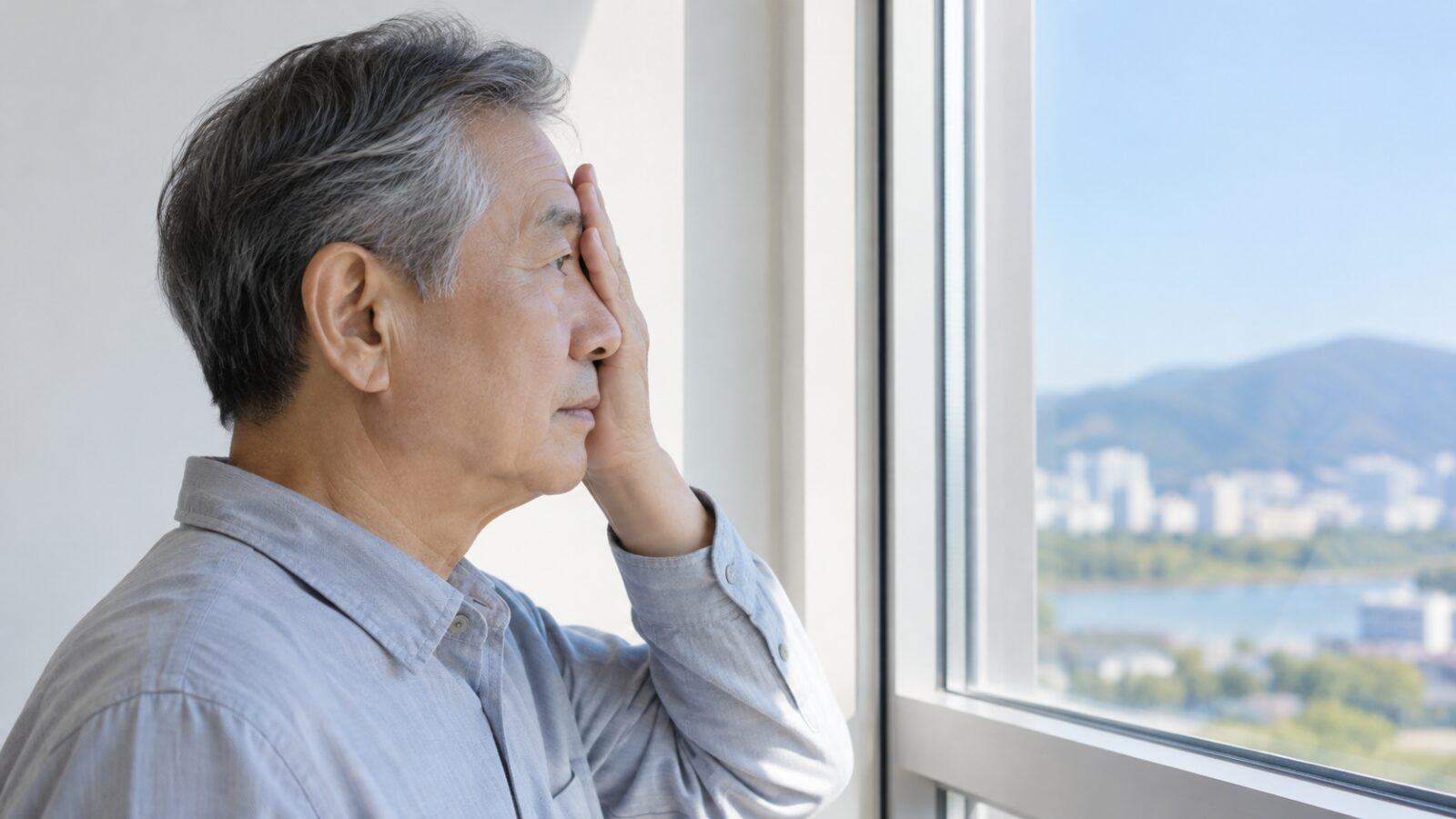 한 눈을 가리고 창틀의 직선을 바라보는 60대