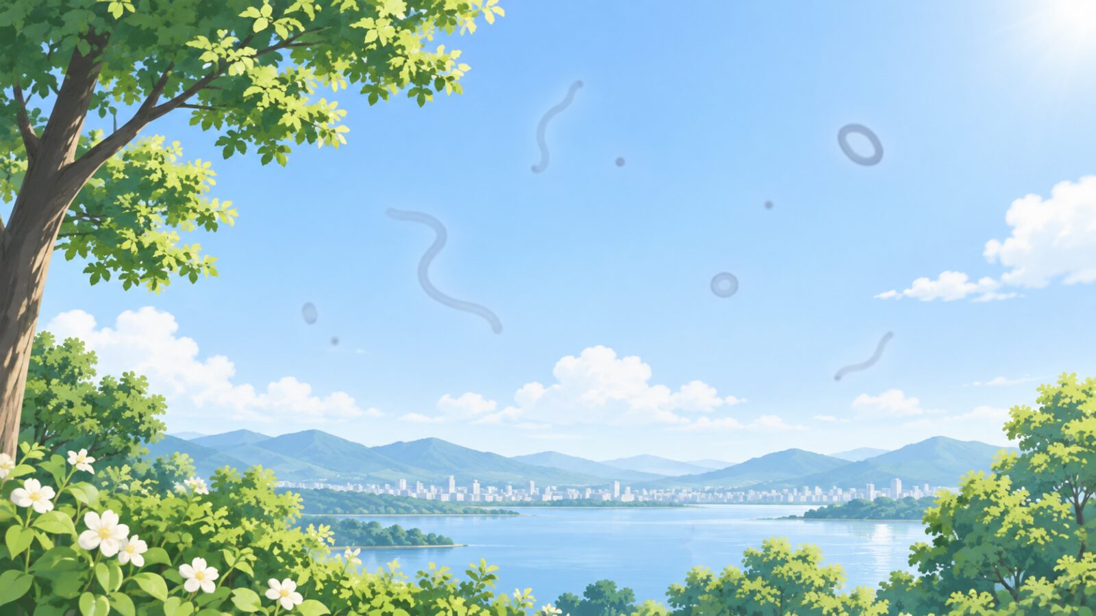 밝은 하늘을 볼 때 실과 점 모양 그림자가 떠다니는 비문증 시야 연출