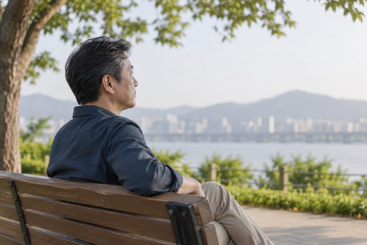 공원 벤치에서 먼 곳을 바라보는 50대 남성
