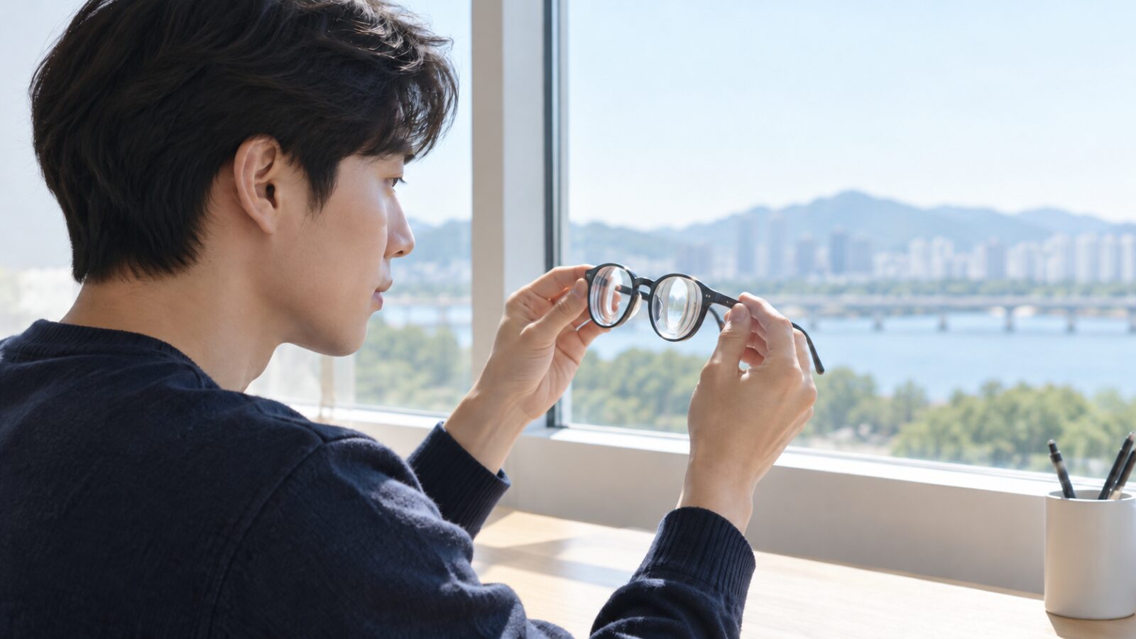 두꺼운 렌즈의 안경을 손에 들고 보는 30대